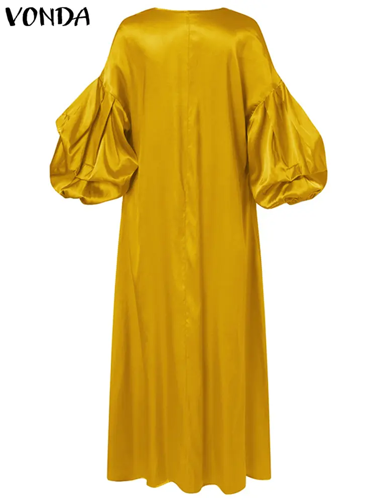 VONDA Elegant Women Satin Maxi Dress 2024 Summer Half Lantern Sleeve Solid Evening Sundress Casual V-Neck Bohemian Party Robe