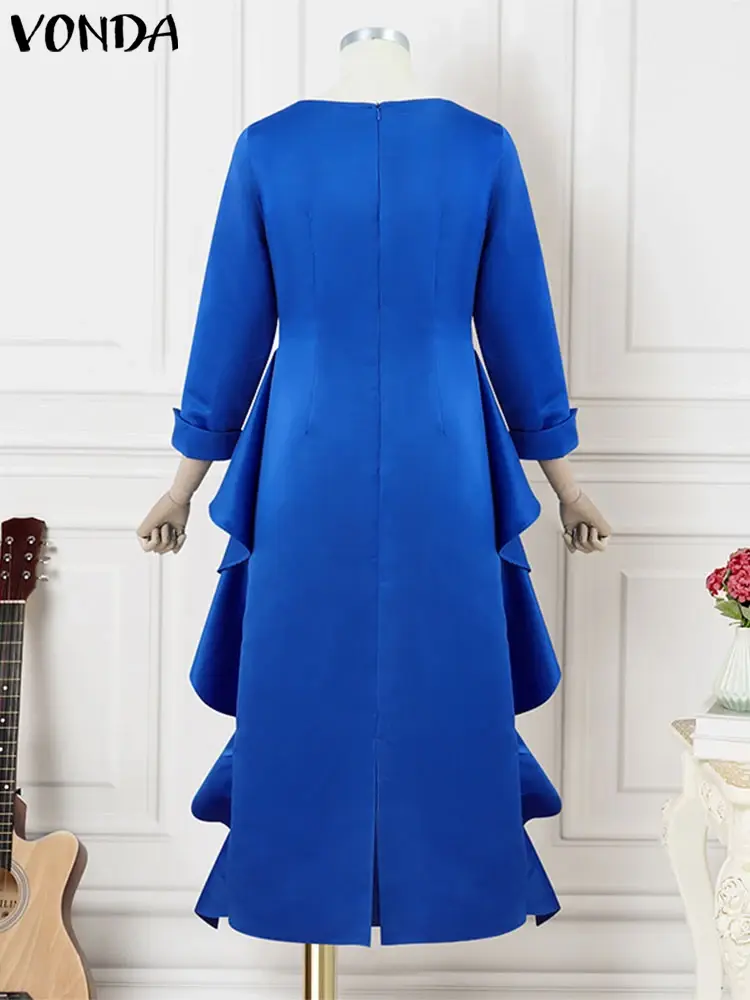 VONDA Women Elegant Satin Dress Maxi Long Dress 2025 Bohemian Irregular Ruffle Sundress Casual Waist Vestidos Solid Color Robe