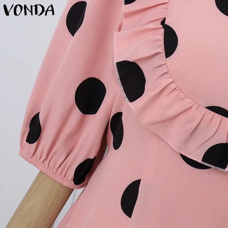Plus Size Summer Dress VONDA 2025 Women Dot Printed Bohemian Party Ruffled Sundress V-Neck Holiday Vestido Casual Loose Robe 5XL