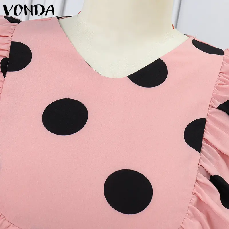 Plus Size Summer Dress VONDA 2025 Women Dot Printed Bohemian Party Ruffled Sundress V-Neck Holiday Vestido Casual Loose Robe 5XL