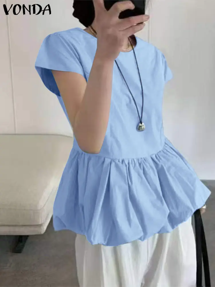 VONDA Fashion Korean Tops Women Blouse 2025 Summer Casual Ruffled Solid Color O Neck Short Sleeve Loose Tunic Oversized Blusas