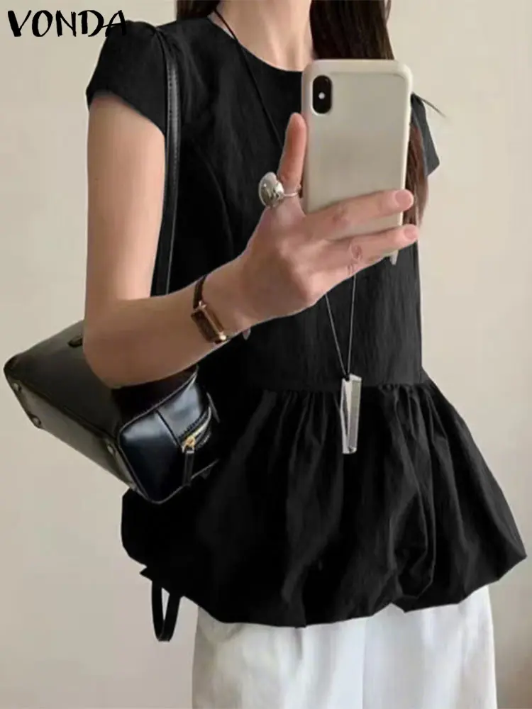 VONDA Fashion Korean Tops Women Blouse 2025 Summer Casual Ruffled Solid Color O Neck Short Sleeve Loose Tunic Oversized Blusas