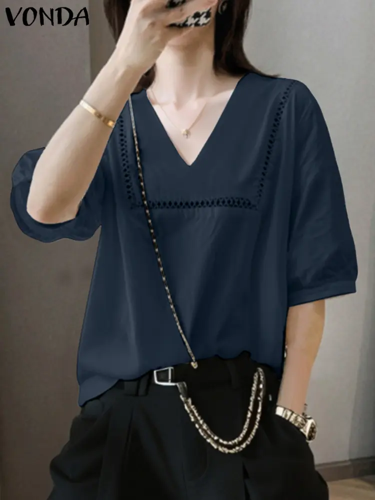 VONDA Women Fashion Blouse 2025 Summer Short Sleeve Tunic Tops Casual V-Neck Loose Solid Elegant Shirts Hollow Out Lace Blusas