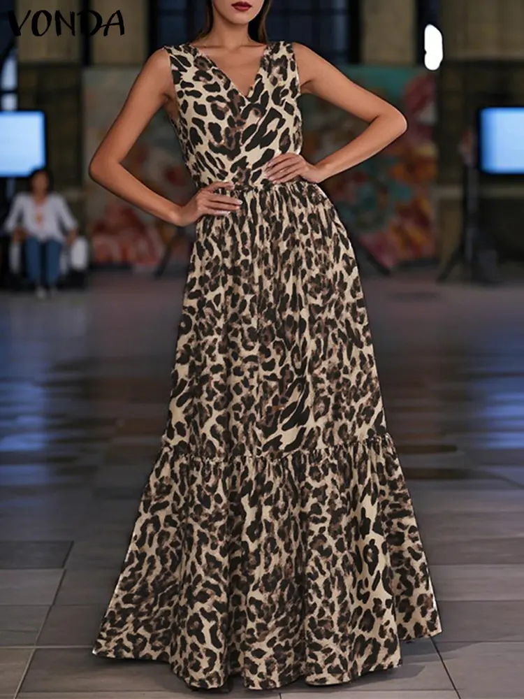 VONDA Bohemian Women Leopard Print Dress 2025 Summer Sleeveless Rufled Maxi Long Sundress Party Vestido V Neck Casual Beach Robe