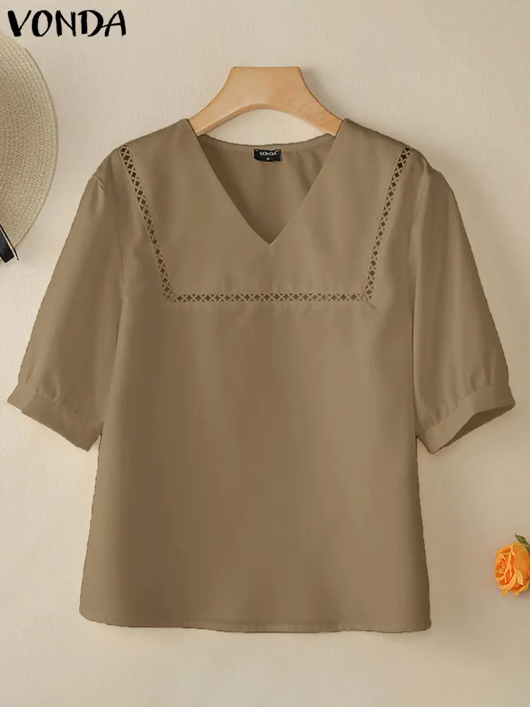 VONDA Women Fashion Blouse 2025 Summer Short Sleeve Tunic Tops Casual V-Neck Loose Solid Elegant Shirts Hollow Out Lace Blusas