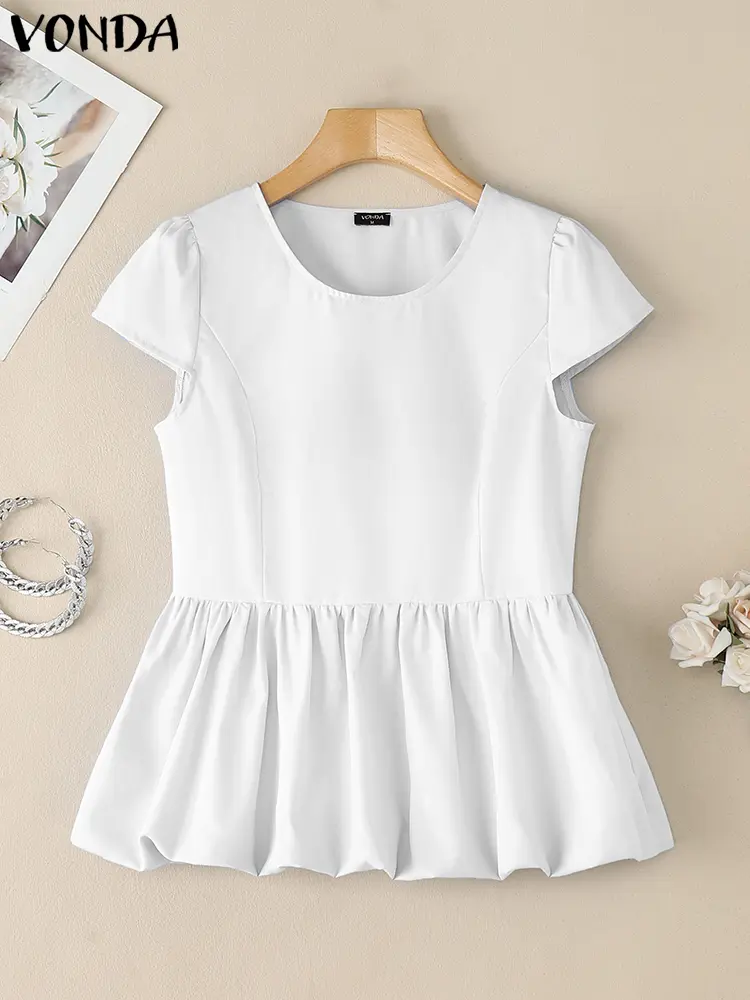 VONDA Fashion Korean Tops Women Blouse 2025 Summer Casual Ruffled Solid Color O Neck Short Sleeve Loose Tunic Oversized Blusas