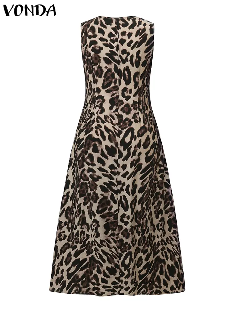 VONDA Bohemian Women Leopard Print Dress 2025 Summer Sleeveless Rufled Maxi Long Sundress Party Vestido V Neck Casual Beach Robe