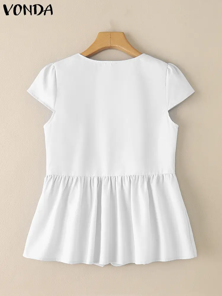 VONDA Fashion Korean Tops Women Blouse 2025 Summer Casual Ruffled Solid Color O Neck Short Sleeve Loose Tunic Oversized Blusas