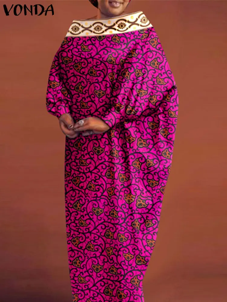 Casual Loose Round Neck Long Robes Oversized VONDA Women Elegant Maxi Dress 2024 Long Bat-wing Sleeve Bohemian Printing Vestidos