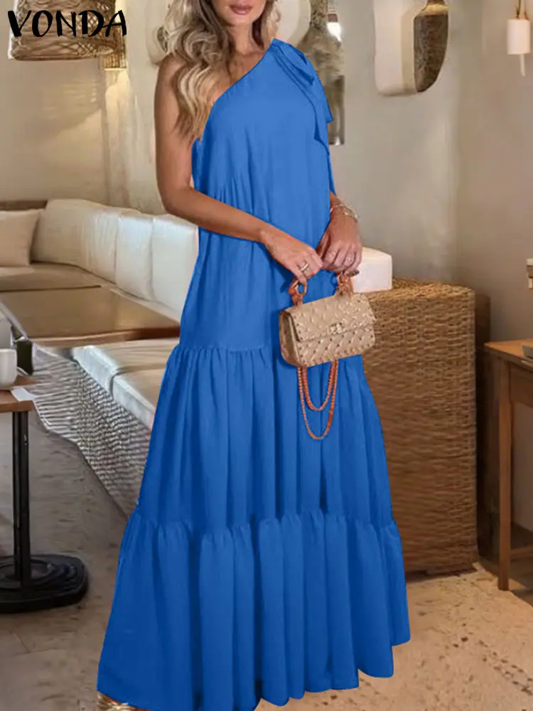 VONDA Bohemian Holiday Dress 2025 Summer Long Vestidos Women Sexy Off Shoulder Bow Ruffled Maxi Sundress Loose Solid Beach Robe
