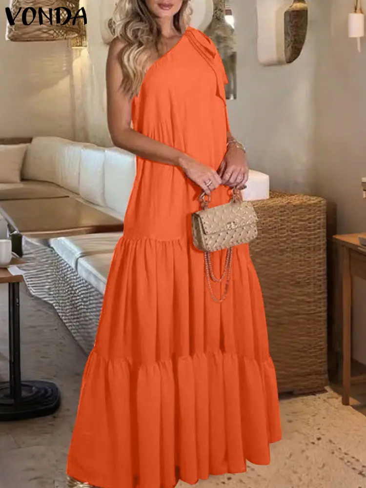 VONDA Bohemian Holiday Dress 2025 Summer Long Vestidos Women Sexy Off Shoulder Bow Ruffled Maxi Sundress Loose Solid Beach Robe