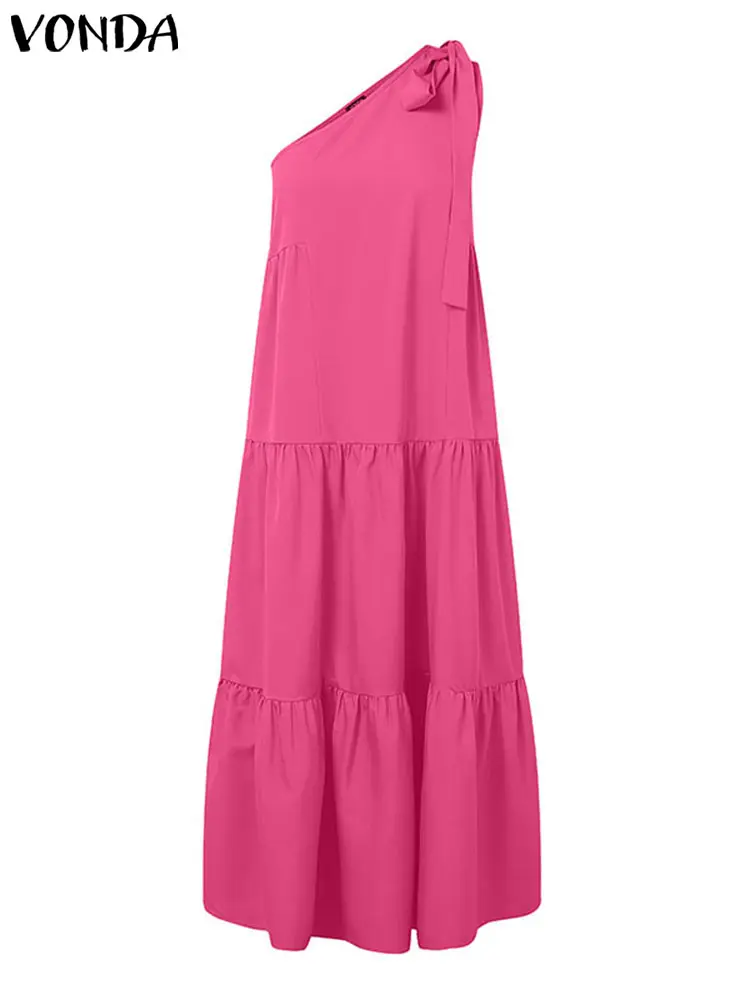 VONDA Bohemian Holiday Dress 2025 Summer Long Vestidos Women Sexy Off Shoulder Bow Ruffled Maxi Sundress Loose Solid Beach Robe