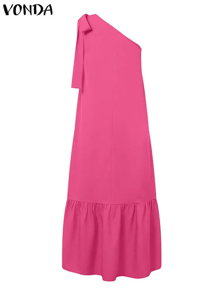 VONDA Bohemian Holiday Dress 2025 Summer Long Vestidos Women Sexy Off Shoulder Bow Ruffled Maxi Sundress Loose Solid Beach Robe