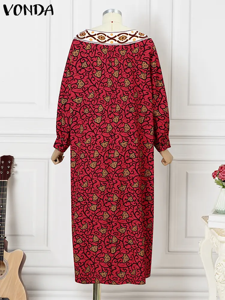 Casual Loose Round Neck Long Robes Oversized VONDA Women Elegant Maxi Dress 2024 Long Bat-wing Sleeve Bohemian Printing Vestidos