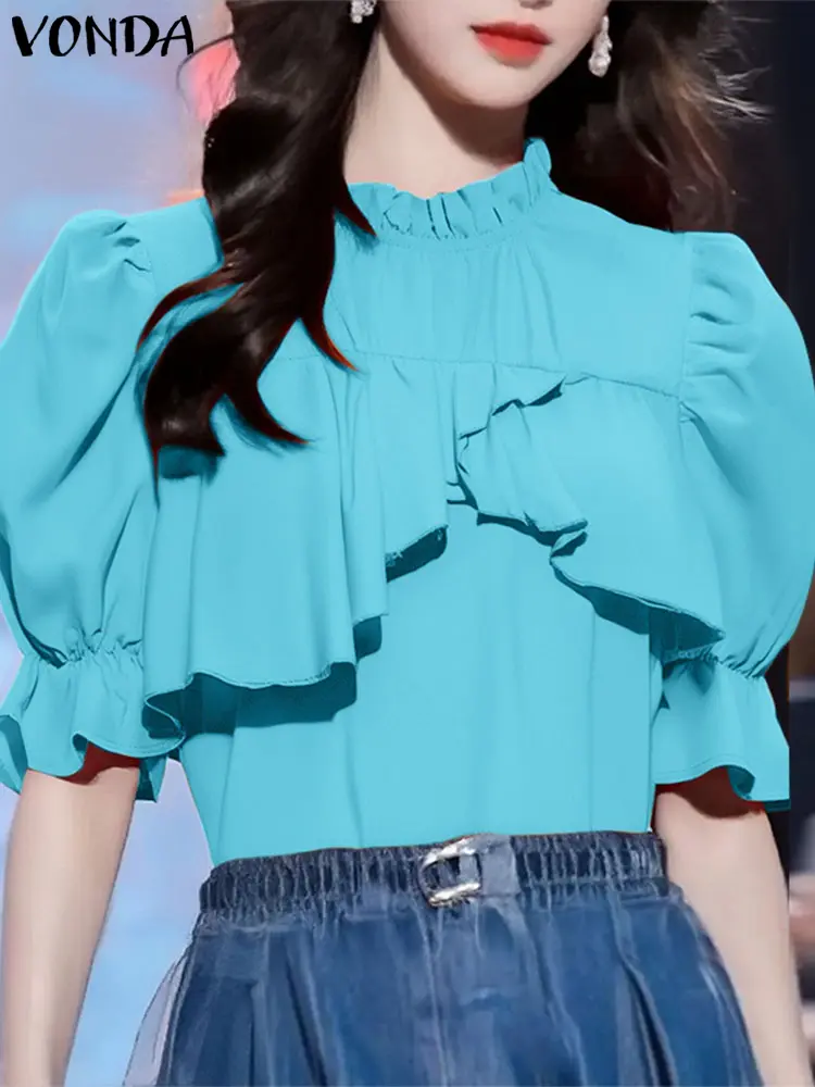 Women Elegant Blouse Office Lady Ruffled Shirts 2025 VONDA Solid Color Casual O Neck Tunic Female Bohemian Tops Oversized