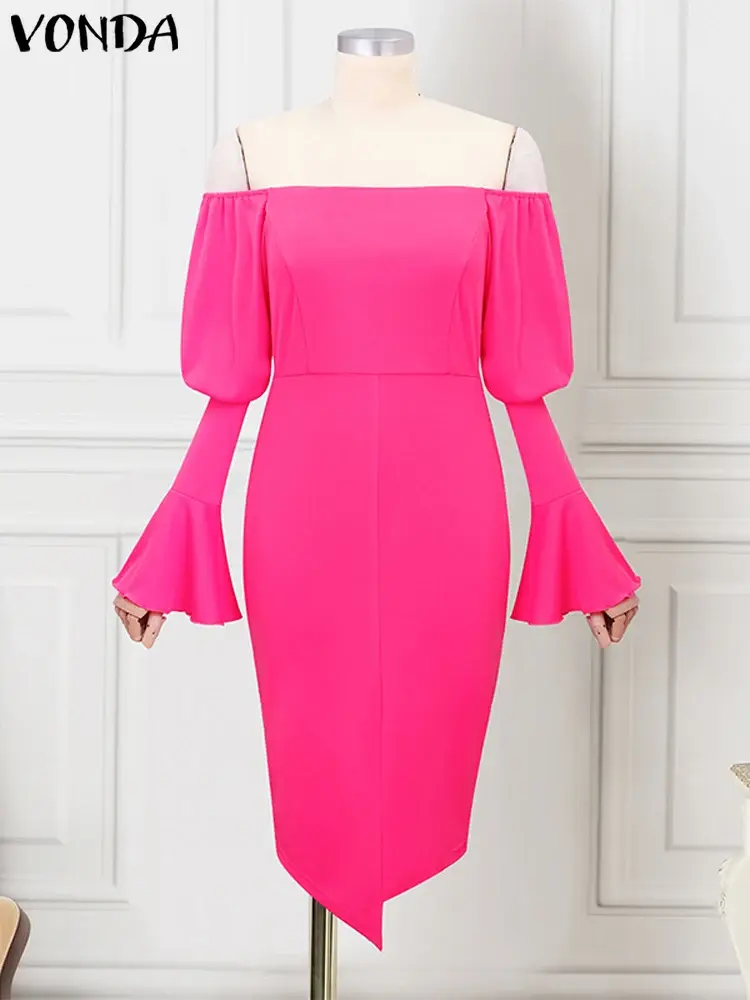 Plus Size 5XL VONDA Summer Women Ruffle Sleeve Dress 2025 Casual Sexy Off Sholuder Sundress Knee-length Robe Elegant Vestido