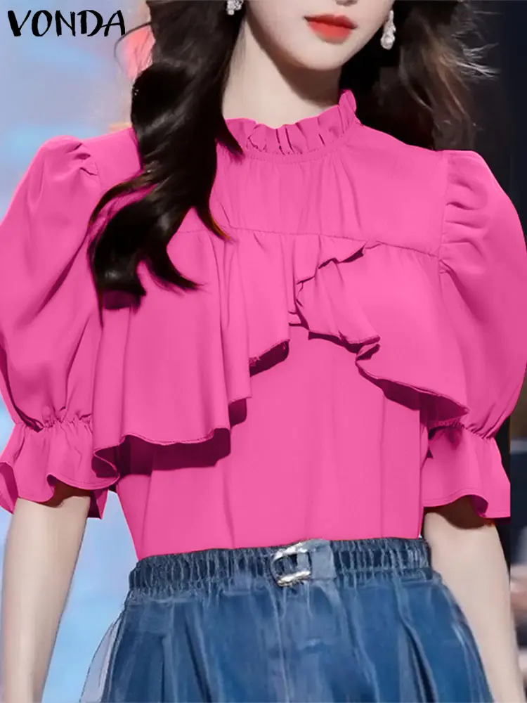 Women Elegant Blouse Office Lady Ruffled Shirts 2025 VONDA Solid Color Casual O Neck Tunic Female Bohemian Tops Oversized