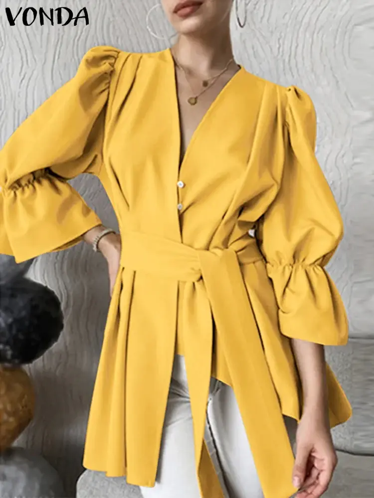 Plus Size 5XL VONDA Women Shirts 2025 Fashion Elegant V-Neck Office Tops Casual Solid Blouse Belt Flare Sleeve Ruffles Blusas