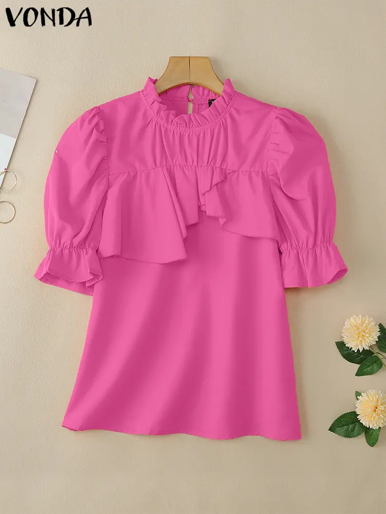 Women Elegant Blouse Office Lady Ruffled Shirts 2025 VONDA Solid Color Casual O Neck Tunic Female Bohemian Tops Oversized