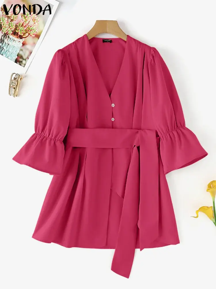 Plus Size 5XL VONDA Women Shirts 2025 Fashion Elegant V-Neck Office Tops Casual Solid Blouse Belt Flare Sleeve Ruffles Blusas