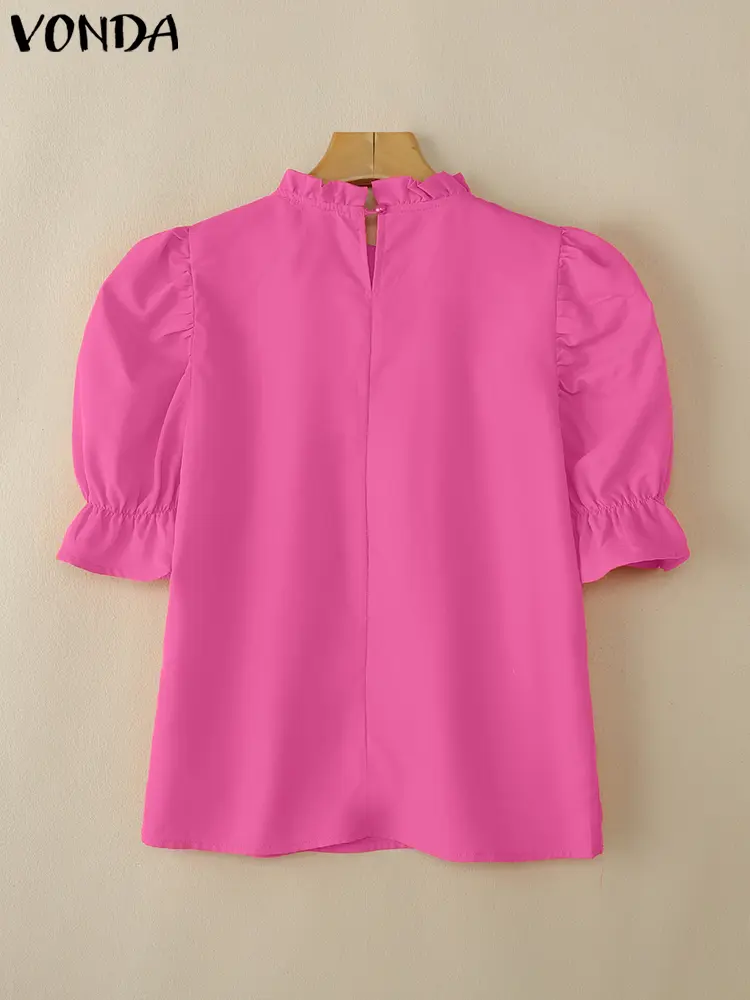 Women Elegant Blouse Office Lady Ruffled Shirts 2025 VONDA Solid Color Casual O Neck Tunic Female Bohemian Tops Oversized