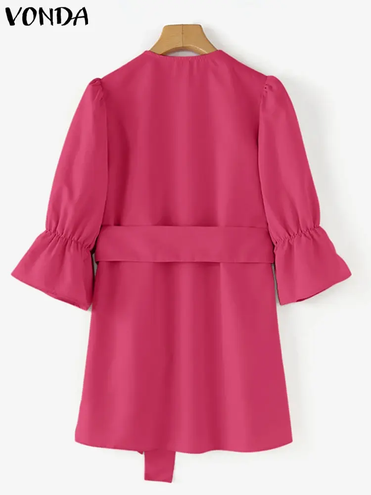 Plus Size 5XL VONDA Women Shirts 2025 Fashion Elegant V-Neck Office Tops Casual Solid Blouse Belt Flare Sleeve Ruffles Blusas