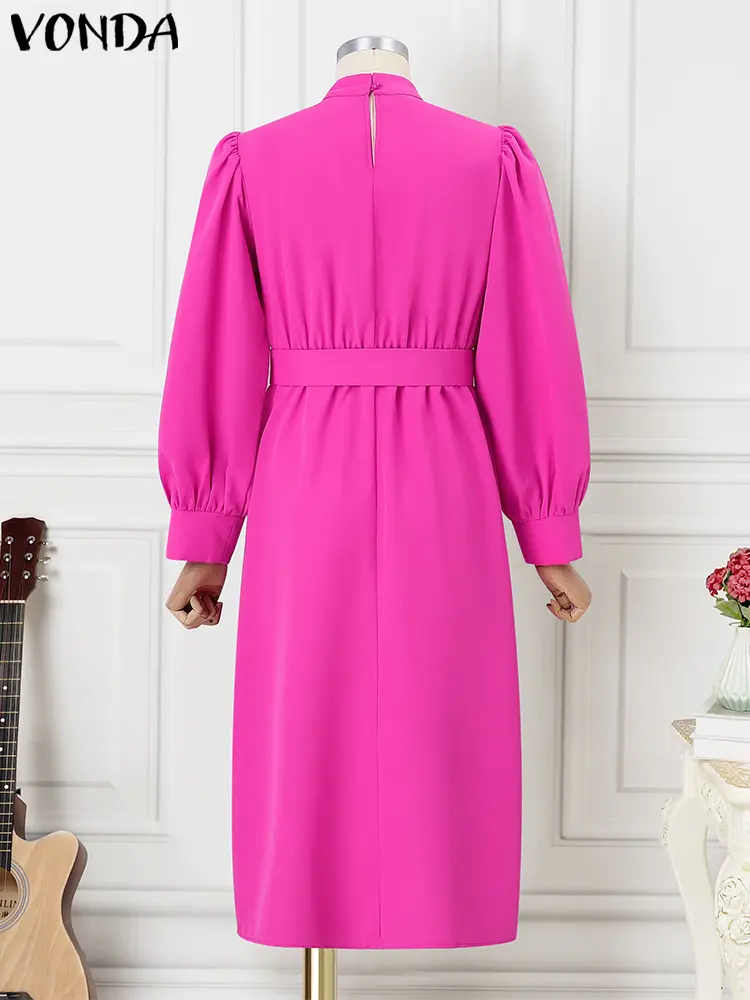 VONDA Women Elegant Midi Dress Solid Color Oversized Vesitidos 2024 Lantern Long Sleeve Sundress Stand Collar Casual Loose Robe