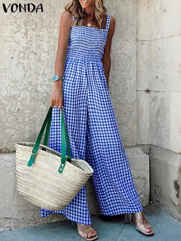 VONDA Vintage Plaid Jumpsuits Women Bohemian Overalls Summer Sleeveless Rompers Casual Loose Square Collar Wide Leg Playsuits