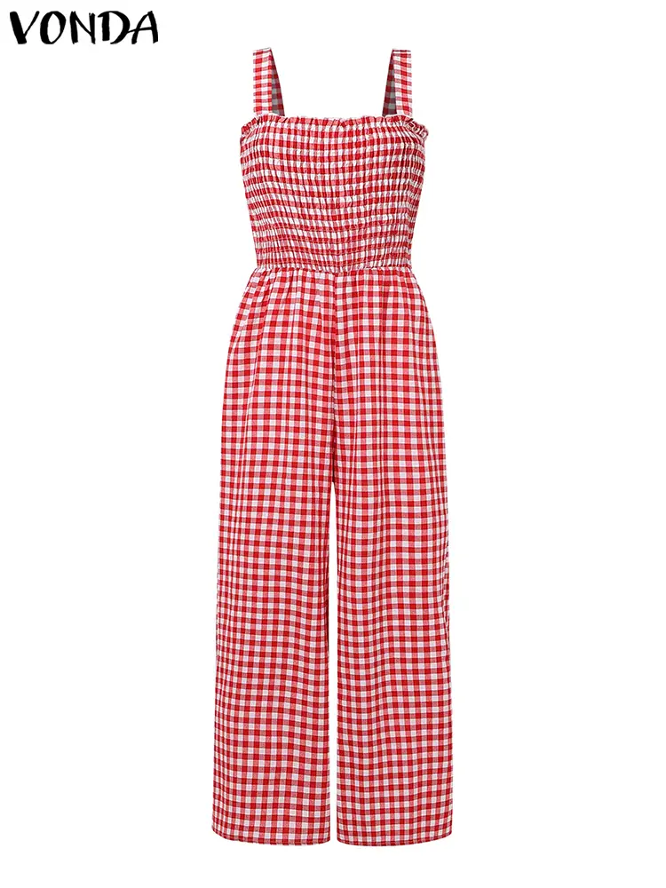 VONDA Vintage Plaid Jumpsuits Women Bohemian Overalls Summer Sleeveless Rompers Casual Loose Square Collar Wide Leg Playsuits