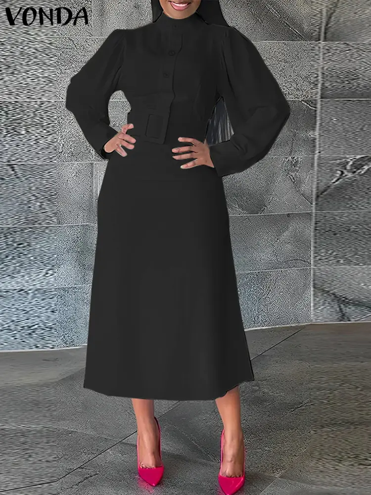 VONDA Women Elegant Midi Dress Solid Color Oversized Vesitidos 2024 Lantern Long Sleeve Sundress Stand Collar Casual Loose Robe