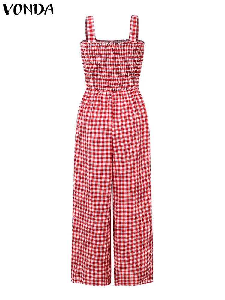 VONDA Vintage Plaid Jumpsuits Women Bohemian Overalls Summer Sleeveless Rompers Casual Loose Square Collar Wide Leg Playsuits