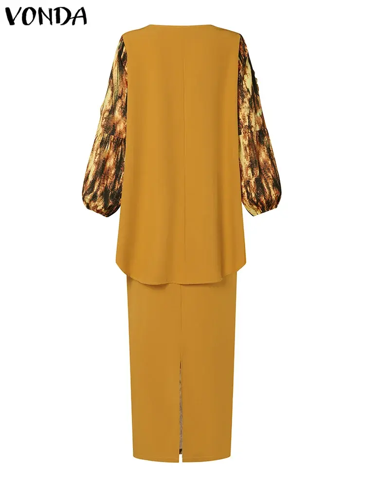 VONDA Women Pants Sets 2025 Summer Printed Suits Elegant Lantern Sleeve Tops Casual Elastic Waist Trousers Oversized