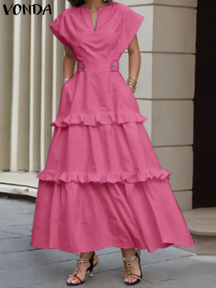 VONDA Women Solid ColorDress 2025 Summer Sundress Bohemian Beach V-Neck Ruffled Vestidos Casual Loose Robe Oversized