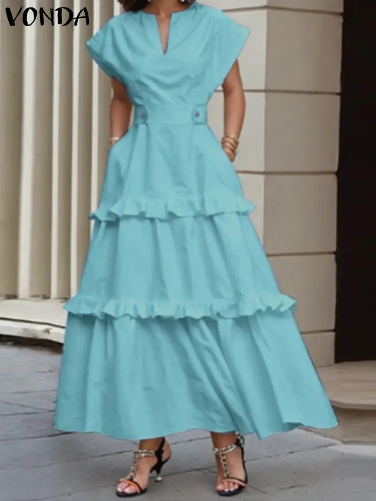 VONDA Women Solid ColorDress 2025 Summer Sundress Bohemian Beach V-Neck Ruffled Vestidos Casual Loose Robe Oversized