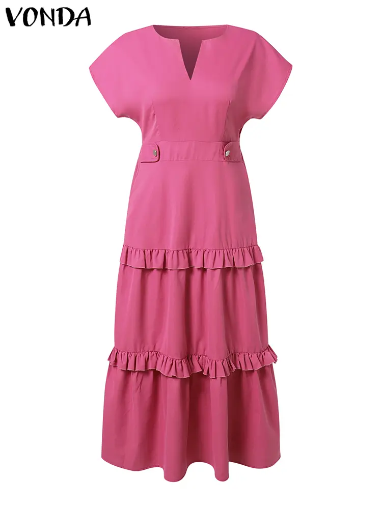 VONDA Women Solid ColorDress 2025 Summer Sundress Bohemian Beach V-Neck Ruffled Vestidos Casual Loose Robe Oversized