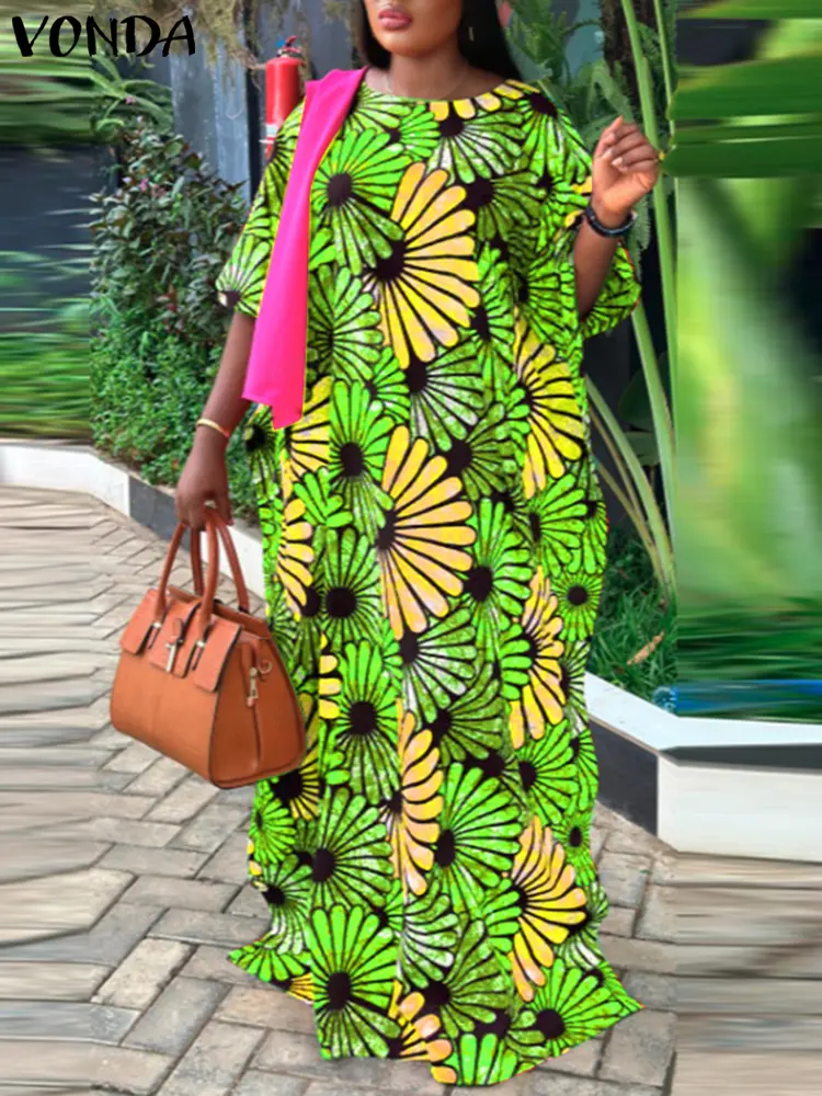 VONDA Women Bohemian Maxi Dress 2025 Summer Long Vestidos Vintage Printed Beach Sundress Casual Lantern Sleeve Loose Party Robe