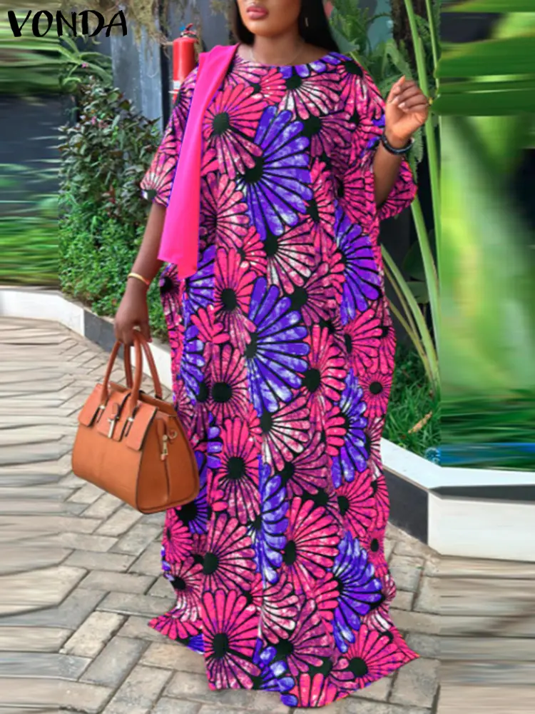 VONDA Women Bohemian Maxi Dress 2025 Summer Long Vestidos Vintage Printed Beach Sundress Casual Lantern Sleeve Loose Party Robe