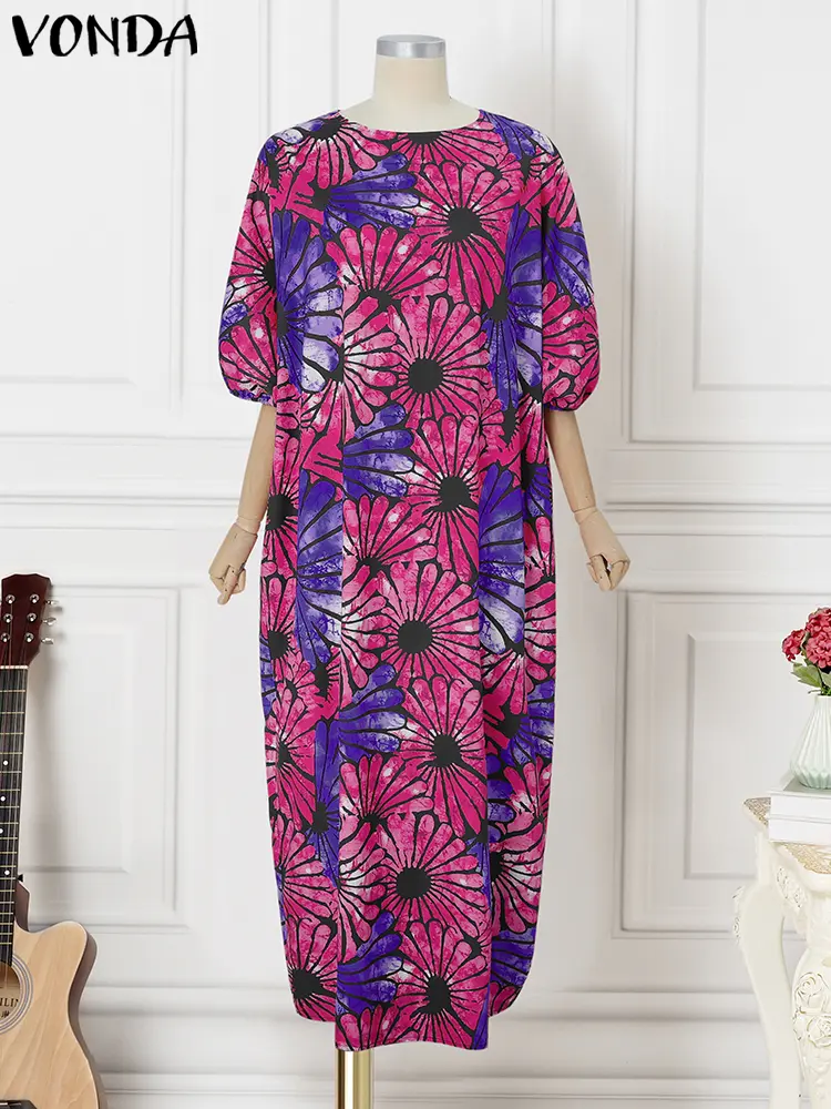 VONDA Women Bohemian Maxi Dress 2025 Summer Long Vestidos Vintage Printed Beach Sundress Casual Lantern Sleeve Loose Party Robe