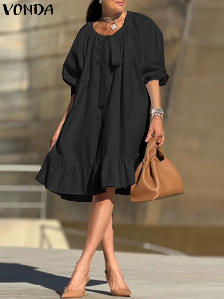 VONDA Women Summer Long Dress 2025 Fashion O-Neck Lace-up Bow Sundress Casual Solid Color 3/4 Sleeve Ruffled Party Vestidos Robe