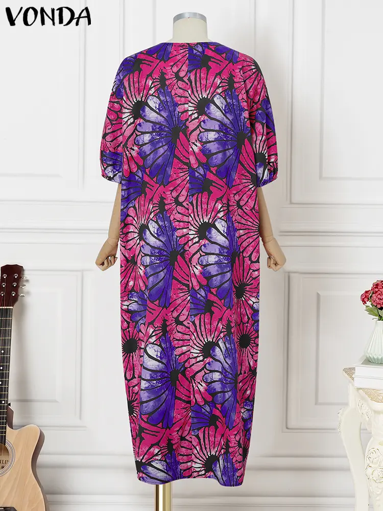 VONDA Women Bohemian Maxi Dress 2025 Summer Long Vestidos Vintage Printed Beach Sundress Casual Lantern Sleeve Loose Party Robe