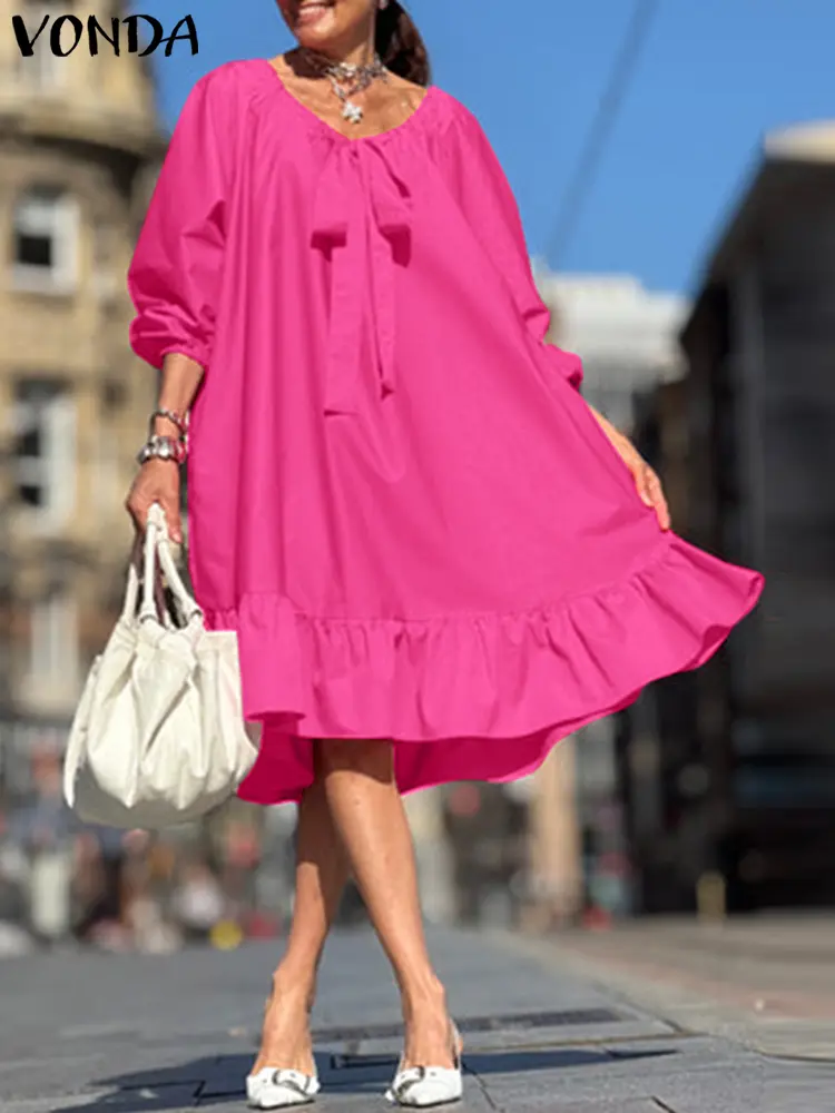 VONDA Women Summer Long Dress 2025 Fashion O-Neck Lace-up Bow Sundress Casual Solid Color 3/4 Sleeve Ruffled Party Vestidos Robe