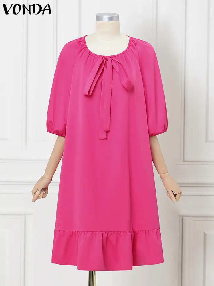 VONDA Women Summer Long Dress 2025 Fashion O-Neck Lace-up Bow Sundress Casual Solid Color 3/4 Sleeve Ruffled Party Vestidos Robe