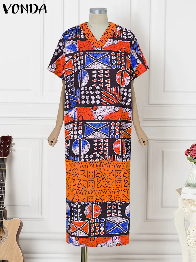 VONDA Bohemian Women Party Maxi Dress 2025 Short Sleeve Summer Sundress Vintage Print V-Neck Long Vestidos Casual Robe Oversized