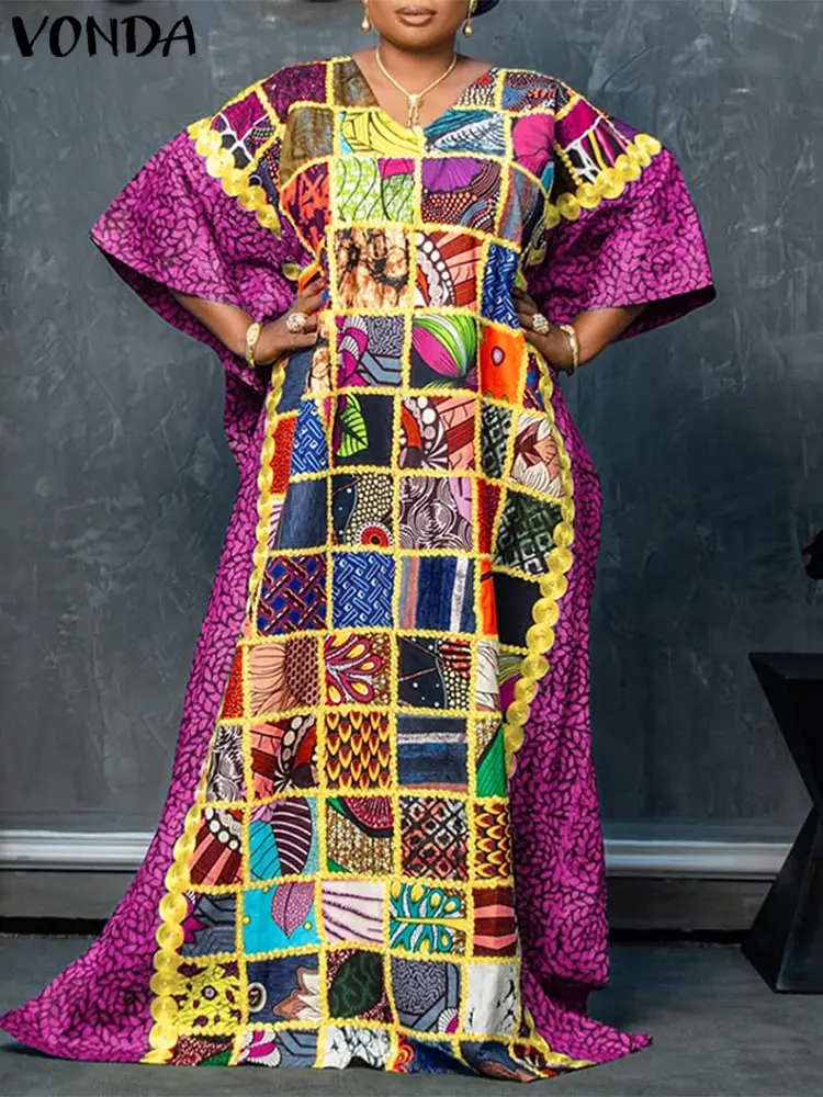 VONDA Women Bohemian Maxi Dress 2025 Summer Printed Sundress Patchwork Vestidos Casual Loose V Neck Half Sleeve Vintage Robe