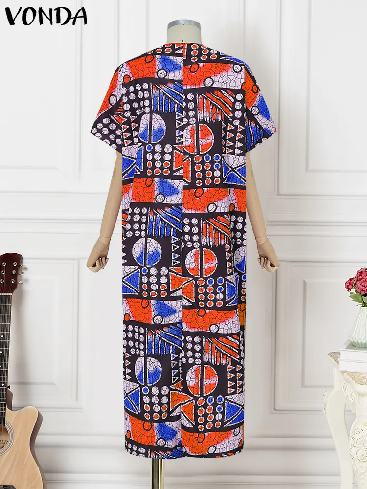 VONDA Bohemian Women Party Maxi Dress 2025 Short Sleeve Summer Sundress Vintage Print V-Neck Long Vestidos Casual Robe Oversized