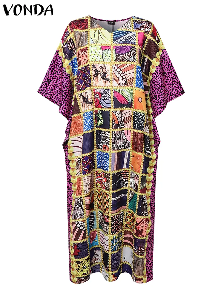 VONDA Women Bohemian Maxi Dress 2025 Summer Printed Sundress Patchwork Vestidos Casual Loose V Neck Half Sleeve Vintage Robe