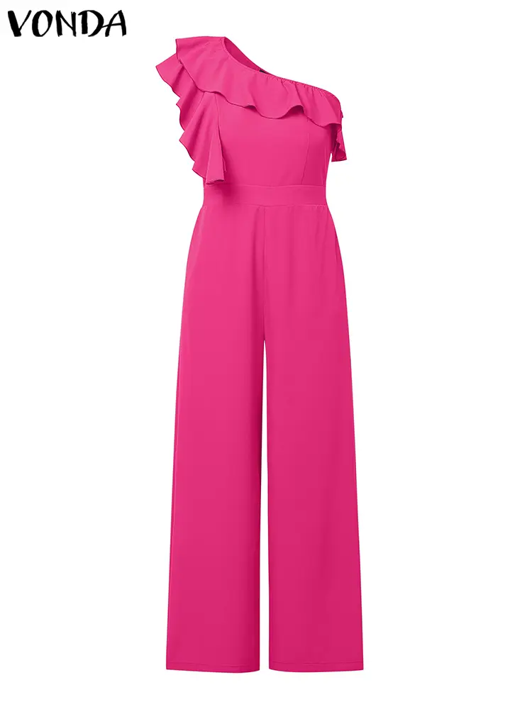 VONDA Elegant Office Lady Jumpsuits Women Long Rompers 2025 Summer Off Shoulder Ruffled Solid Overalls Fashion Wide Leg Pants