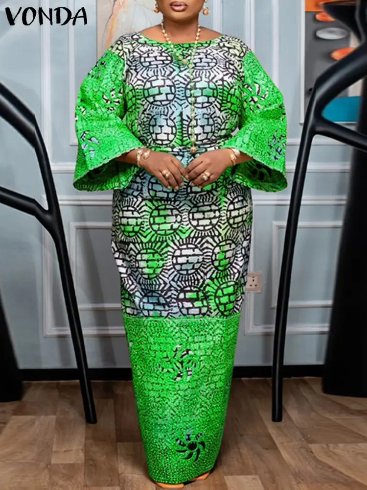 Plus Size 5XL VONDA Women Maxi Dress Bohemian Long Flare Sleeve Lace Vintage Printed Vestidos Causal Loose Oversized Sundress