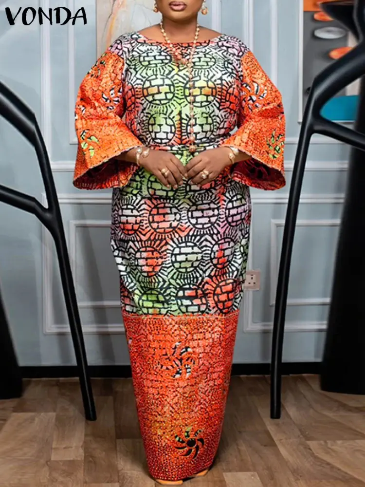 Plus Size 5XL VONDA Women Maxi Dress Bohemian Long Flare Sleeve Lace Vintage Printed Vestidos Causal Loose Oversized Sundress