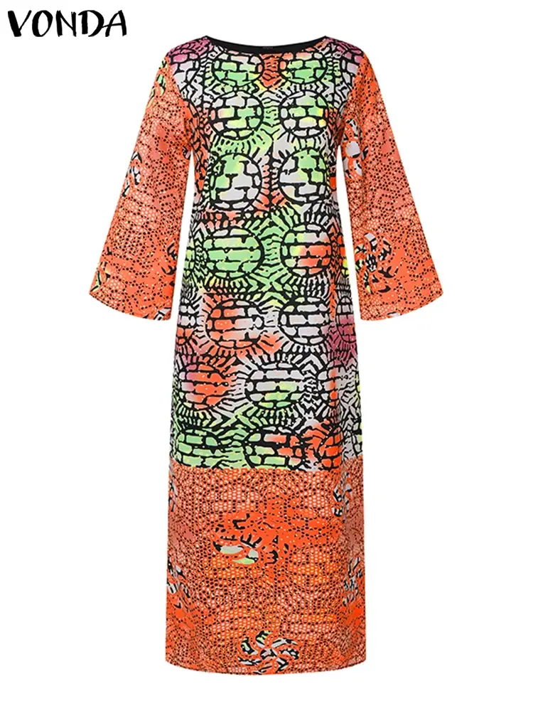 Plus Size 5XL VONDA Women Maxi Dress Bohemian Long Flare Sleeve Lace Vintage Printed Vestidos Causal Loose Oversized Sundress